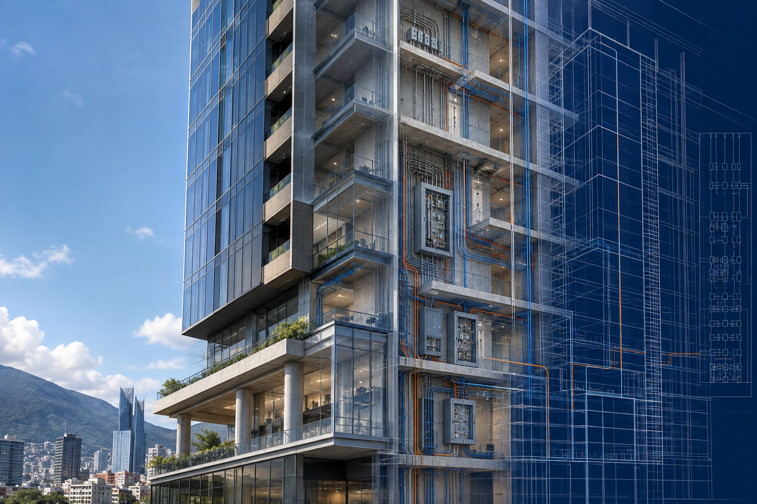 Edificación vertical con infraestructura y canalizaciones eléctricas visibles
